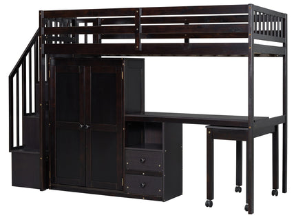 Loft Bed With Stairs, Bookshelf, Drawers, Desk & Wardrobe, Space Saving Multifunctional Furniture