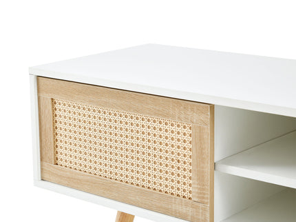 55.12" Rattan TV Cabinet, Double Sliding Doors For Storage, Adjustable Shelf, Solid Wood Legs, TV Console For Living Room