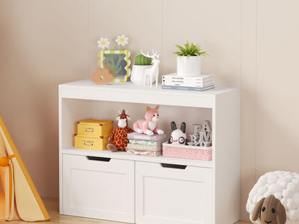 Book Organizer With Large Drawers And Open Shelves, Toy Storage Cabinet With Removable Wheels And Rounded Edges - White