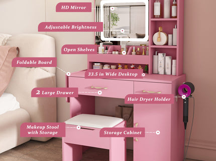 Vanity Desk With LED Mirror Lights And Power Outlet Charging Station, 3 Drawers, 7 Shelves, Storage Stool - Pink