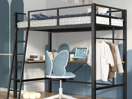 Twin Metal Loft Bed With L - Shaped Desk, Charging Station Loft Bed Frame Twin Size, Safety Guard & Ladder, No Box Spring Needed - Black