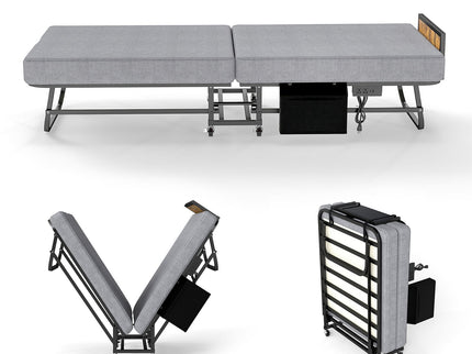 Twin Folding Bed With Headboard & USB Charging Station - Gray