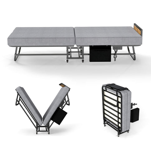 Twin Folding Bed With Headboard & USB Charging Station - Gray