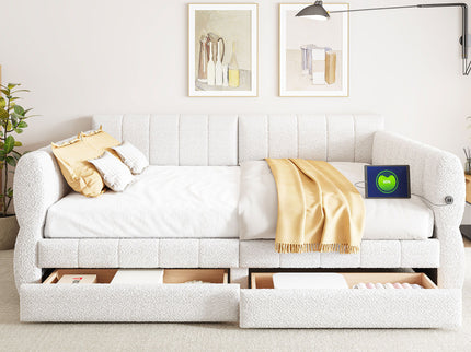Queen Upholstered Platform Bed With USB Charging And 2 Storage Drawers - White