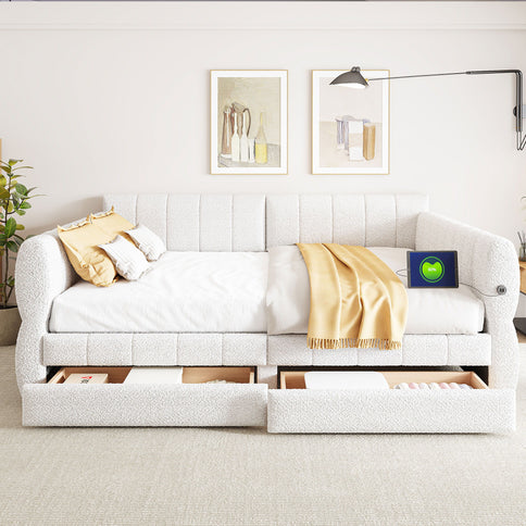 Queen Upholstered Platform Bed With USB Charging And 2 Storage Drawers - White