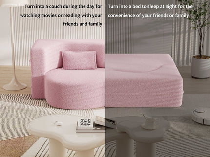 Modern Floor Sofa, With 2 Pillows, Convertible Teddy Fabric Foam Filled Bed