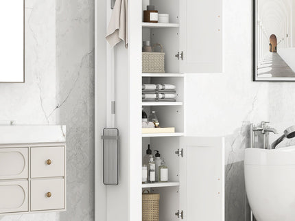 Tall Freestanding Bathroom Storage Cabinet With Adjustable Shelves And Side Hooks Board, Rectangle Design