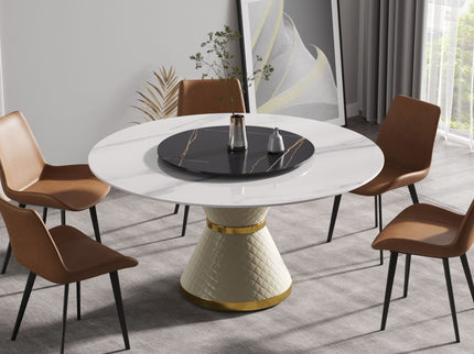 Modern Artificial Stone Round Carbon Steel Base Dining Table, Artificial Stone Turntable