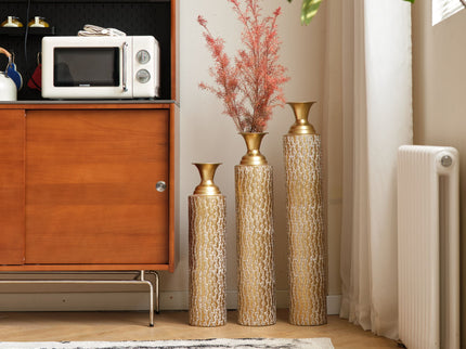 Metal Decorative Vases High Distress Metal Center Vases With Growing Vine Patterns, (Set of 3) Vases For Home Decoration - Gold