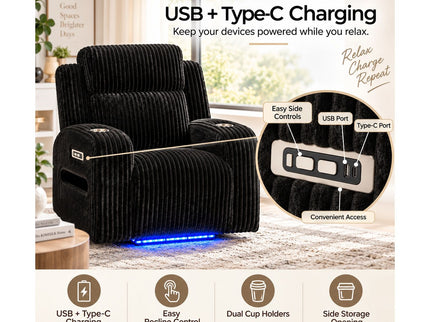 Power Recliner With Cup Holders And Ambient LED Lighting - Black