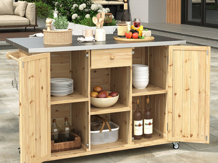 Outdoor Kitchen Island With Stainless Steel Top, Ample Storage Space, Towel And Spice Racks And A Bottle Opener