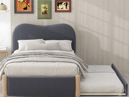 Upholstered Platform Bed With Wood Supporting Feet And Trundle