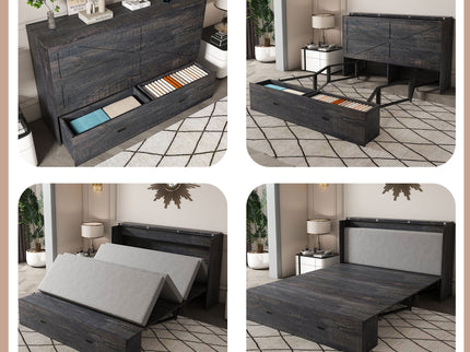 Full Murphy Bed With Storage Drawers, Charging Station, Foldable Panels, And Silent Swivel Wheels
