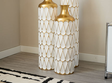 Floor Metal Vase Modern Style Decoration Home Droplet Shaped Metal Vase 3 Piece Set Gorgeous Home Decoration Large Glazed Metal Vase - Gold / White