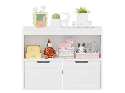 Book Organizer With Large Drawers And Open Shelves, Toy Storage Cabinet With Removable Wheels And Rounded Edges - White