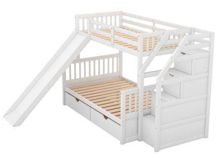 Bunk Bed With Storage Staircase, Slide, Desk, Drawers, And Shelves
