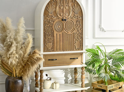Arched Flower Carved Door Accent Sideboard Cabinet With 1 Drawer And Shelf, Cabinet For Kitchen - Natural / White