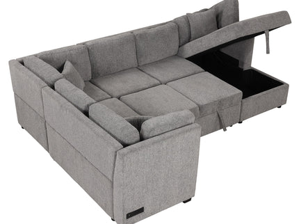 U-Shaped Sectional Sofa Pull Out Sofa Bed With Two USB Ports, Two Power Sockets, Three Back Pillows And A Storage Chaise For Living Room