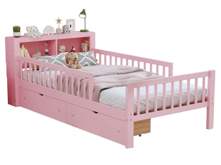 Bed With Headboard Storage Rack, 2 Under Bed Drawers, 3 Side Guardrails For Safety