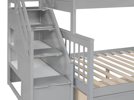 Solid L Shaped Bunk Bed With 3 Drawers, Ladder And Staircase