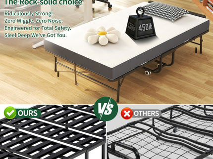 Twin Wide Folding Bed With Adjustable Headboard, Extra Long Rollaway For Tall People, Memory Foam Mattress - Black