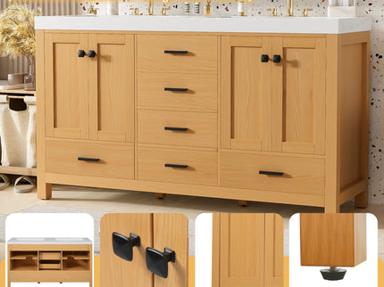 Bathroom Vanity With Double Sink, Soft Close Doors & Drawers Handles - Wood