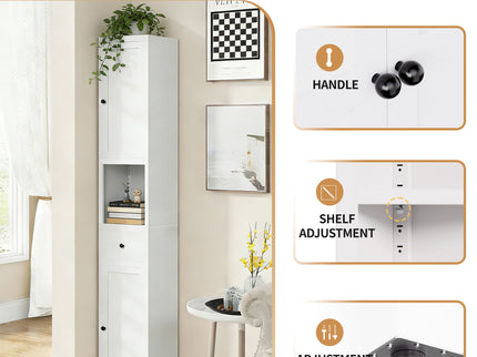Tall Bathroom Storage Cabinet, 5-Tier Narrow With 2 Doors & Adjustable Shelves, Freestanding - White