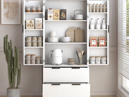 Fluted Kitchen Pantry Cabinet With 2 Large Drawers & 8 Door Spice Rack
