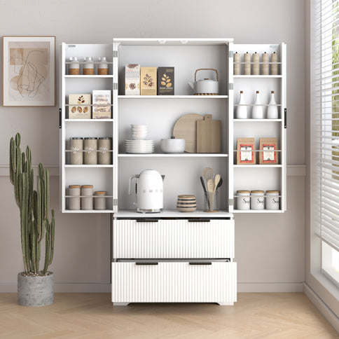 Fluted Kitchen Pantry Cabinet With 2 Large Drawers & 8 Door Spice Rack