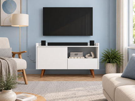 TV Stand For TVs Up To 45" With Open Storage Shelf, Cable Management, 1 Door And 1 Drawer