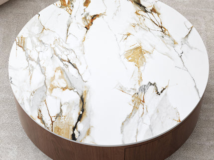 Round Coffee Table With 2 Drawers For Living Room - Walnut Brown / White / Multi