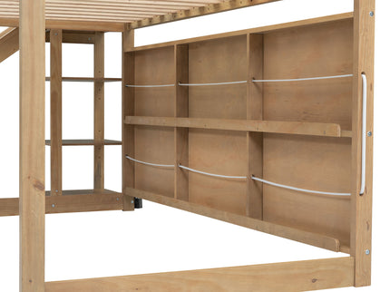 House Loft Bed With Slide, Storage Shelves And Light, Climbing Ramp