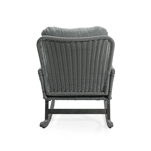 Modern 3 Piece Outdoor Seating Set With Cushioned Rattan Rocking Chairs And Wooden Accent Table