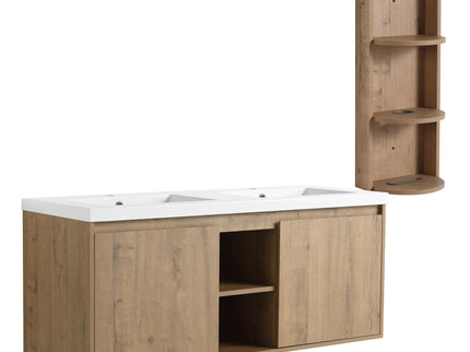48" Wall Mounted Bathroom Vanity With Double Resin Sink And Storage Rack Soft Close Doors Plywood Construction - Imitative Oak