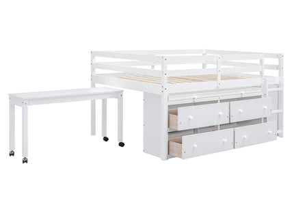 Loft Bed With Retractable Writing Desk And 4 Drawers, With Lateral Portable Desk And Shelves
