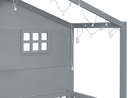 House Bed With Shelves, Window And Sparkling Light Strip On The Roof