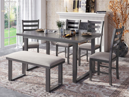 6 Pieces Family Furniture, Solid Wood Dining Room Set With Rectangular Table & 4 Chairs With Bench - Gray