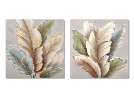 Botanical Leaf Wall Art, Textured Canvas Painting With Accents, Framed Decor For Living Room (Set of 2) - Green Leaf
