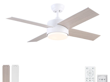 Ceiling Fan With Remote Control, Reversible DC Motor, 6 Speeds, 3 Dimmable LED, Quiet Timer For Indoor - White