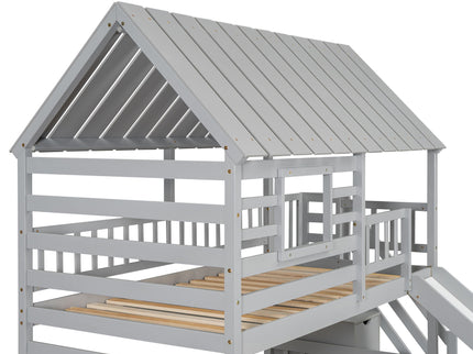 House Bunk Bed With Trundle, Storage Staircase, Roof And Window Design