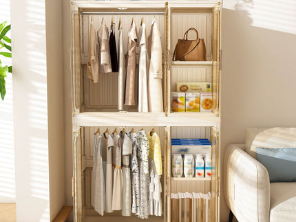 Portable Wardrobe Closet Storage Organizer For Clothes, 6 Magnetic Doors With 6 Cubes & 2 Hanging Rods, 6 Hangers - Cream White