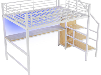Loft Bed With Desk, Storage Staircase, Small Wardrobe And LED Light