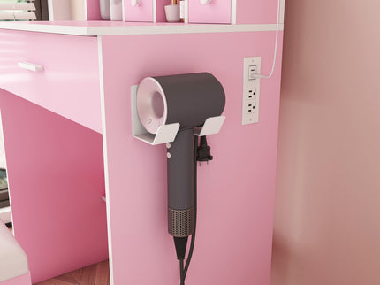 Vanity Table With Mirror, Adjustable LED Lights, Power Outlet, Hairdryer Holder & Stool