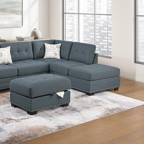 L - Shaped Sectional Sofa Set With Storage Ottoman, Tufted Upholstery Nailhead Trim