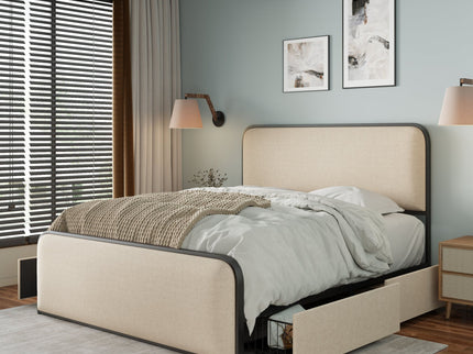 Modern Bed With Curved Upholstered Headboard And Footboard, Heavy Duty Metal Slats