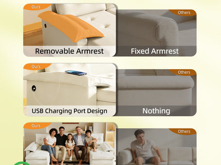 U-Shaped Sleeper Sofa With Pull Out Bed, Removable Armrests & USB Ports For Living Room