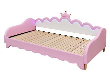 Extending Daybed With LED Lights, Modern Upholstered Princess Daybed With Crown Headboard