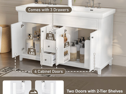 Bathroom Vanity Cabinet Only, 3 Drawers & 4 Doors & Double Layer Shelves - White