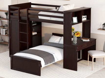 Loft Bed With A Stand Alone Bed, Shelves, Desk, And Wardrobe