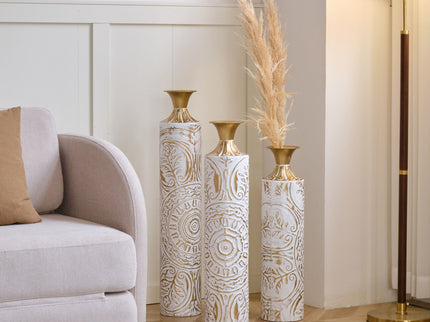 Floor Metal Vases Decorated Metal Vases (Set of 3) Gorgeous Home Decoration Large Glazed Metal Vases - White / Gold